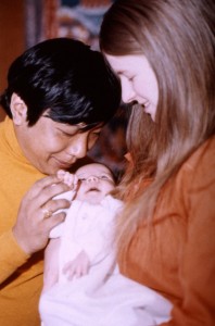 Chogyam Trungpa with Diana Mukpo and their just-born son.